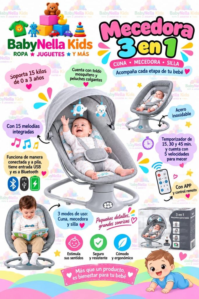 Mecedora 3 en 1 para Bebé Cuna, Mecedora y Silla