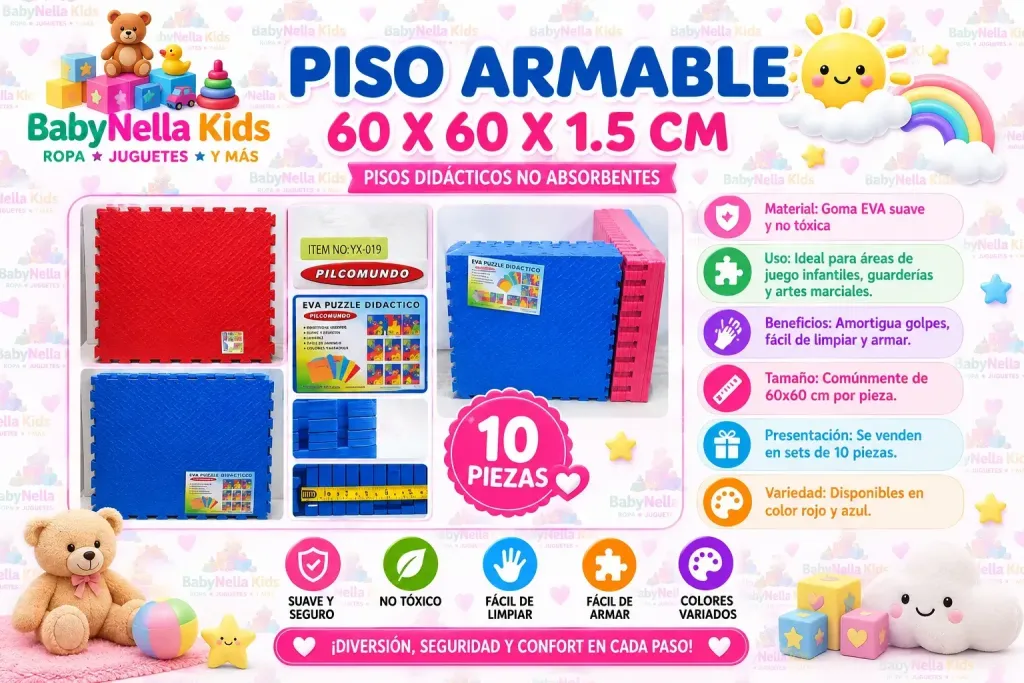 Piso Armable EVA Infantil Rojo o Azul 60x60x1.5 con Bordes