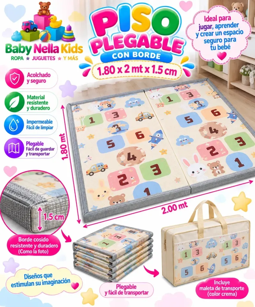 Piso Plegable Infantil Acolchado 1.80x2mtx1.5cm Con Borde